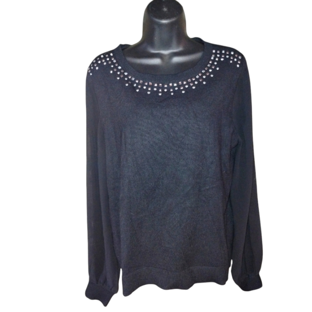 Halston sequin black sweater, sheer sleeve excellent condition